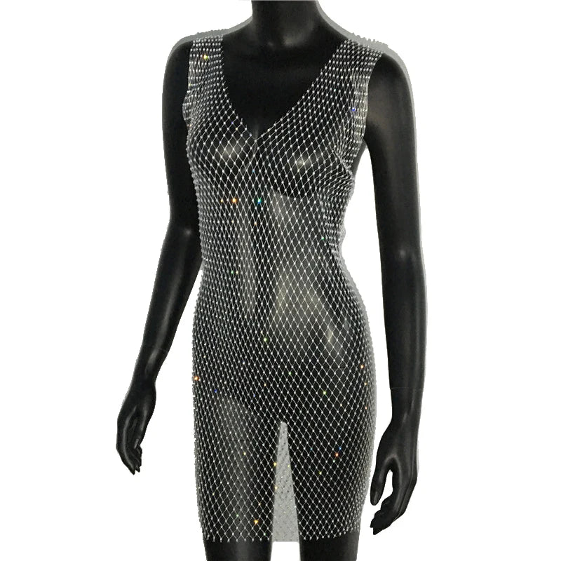 Fishnet Rhinestone V neck short Dress