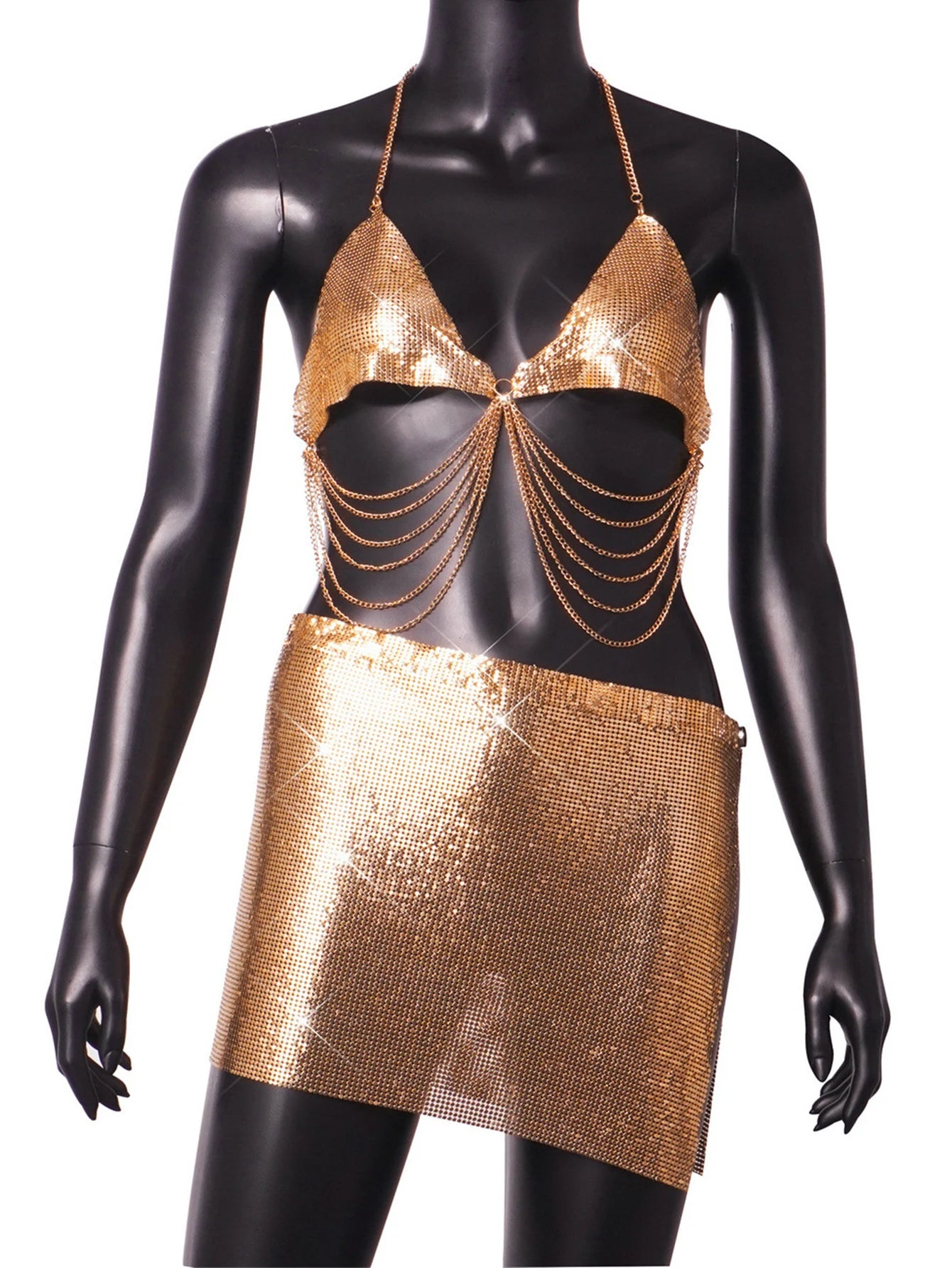 Sexy see through Metal sequin mini dress set